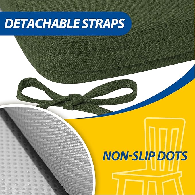 AAAAAcessories D-Shaped Chair Cushions, 2" Thick Dining Chair Pads with Ties and Removable, Machine-Washable Cover, 17" x 16", Set of 6, Dark Olive Green