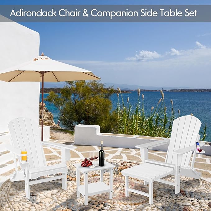 Folding Adirondack Chairs with Side Table, White Adirondack Chairs Weather Resistant, Outdoor Fire Pit Chairs for Patio Garden and Deck