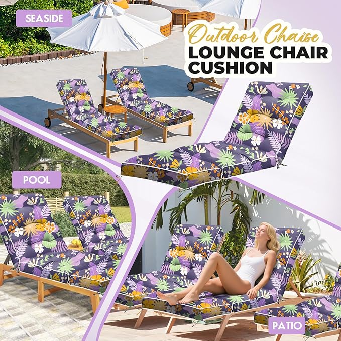 Outdoor Chaise Lounge Chair Cushion, Waterproof Non-Slip Patio Chaise Lounge Cushions for Outdoor Furniture, Thickened Pool Lounger Chair Cushion, 76.4 x 22.8 x 4.7 Inches, Purple Floral Leaf