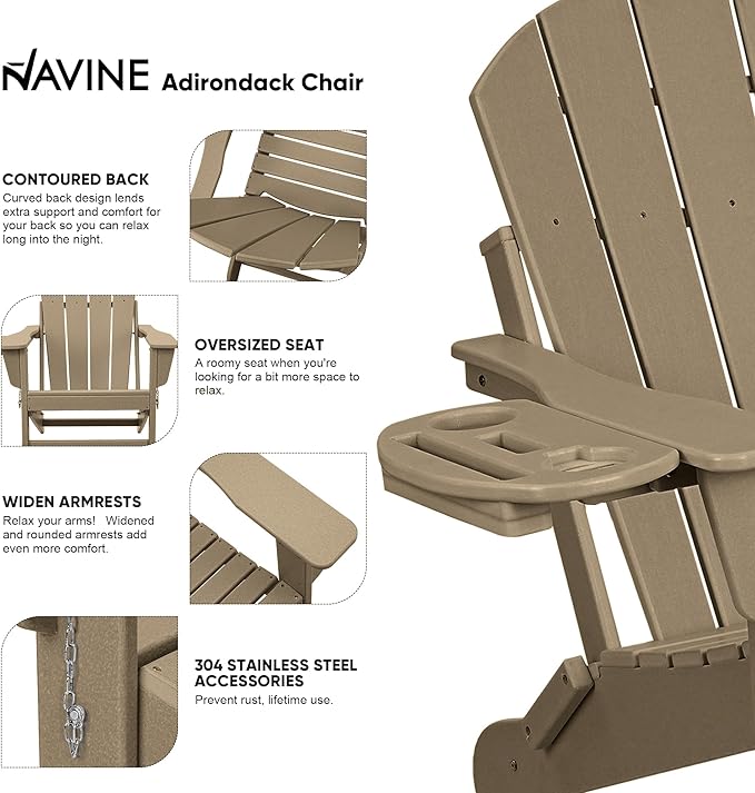 Adirondack Chair, HDPE Folding Adirondack Chair with Multifunctional Cup Holder, Weather Resistant Fire Pit Chair for porches, patios, patios, poolsides, Decks.