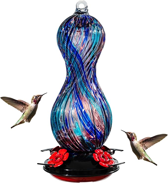 Hummingbird Feeder for Outdoors Hanging, Hand Blown Glass 24 OZ Capacity Hummingbird Bird Nectar Feeders with 4 Feeding Ports, Gifts for Women Mom Outside Garden Backyard Decor