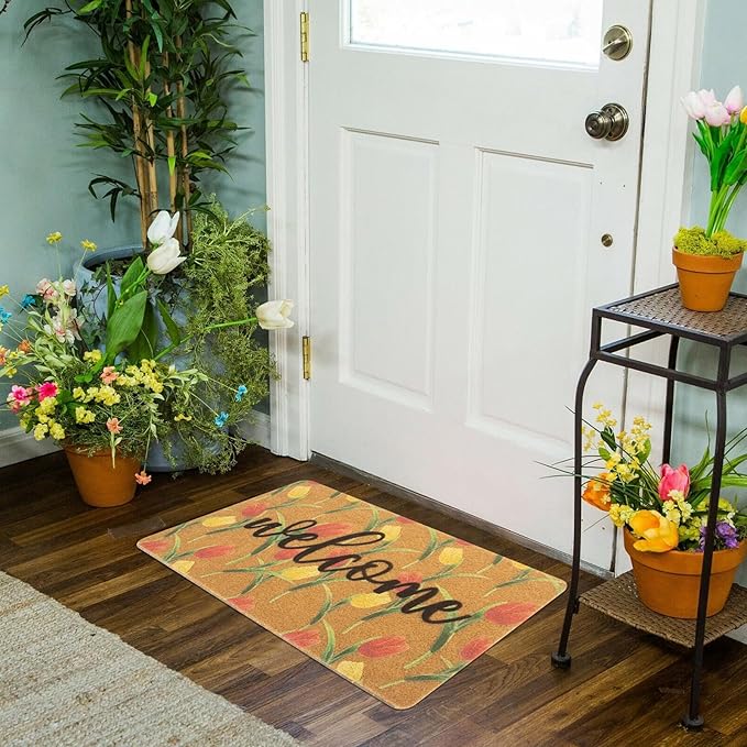 Tulip-Welcome-Doormat for Indoor Outdoor Entrance Floral-Spring-Door-Mat Non Slip Coir Seasonal Doormat for Spring Easter Home Decor 17 x 29 Inches
