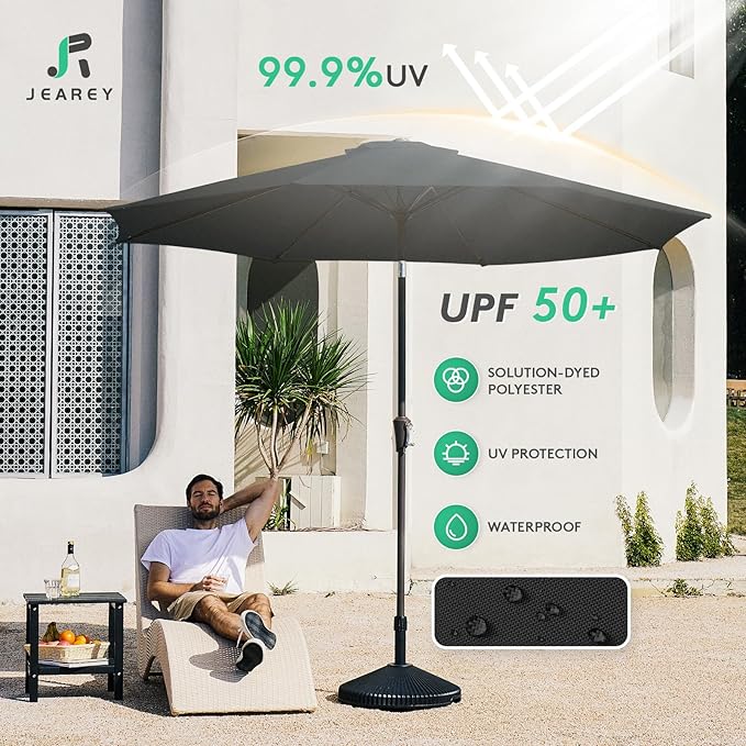 JEAREY 10FT Outdoor Patio Umbrella Outdoor Table Umbrella with Push Button Tilt and Crank, Market Umbrella 8 Sturdy Ribs UV Protection Waterproof for Pool, Garden (Black)