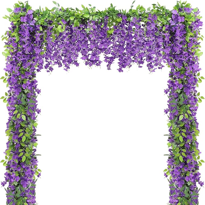 Findosom Wisteria Artificial Flowers Garland, 5Pcs Total 36FT Purple Wisteria Hanging Flowers, Flower Garland Decorations for Home Garden Outdoor Ceremony Wedding Arch Decoration