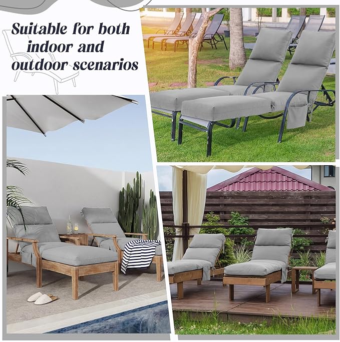 Kigley 2 Pcs Chaise Lounge Cushions, 77.9 x 20.5 x 4.7 Inch Outdoor Lounge Chair Cushions with Pocket, Thick Tufted Patio Recliner Replacement with Ties, Fade Resistant for Pool Furniture (Light Gray)