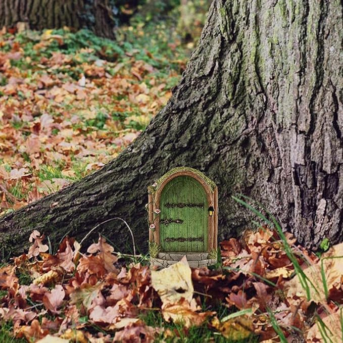 Green Fairy Door, Wooden Miniature Fairy Garden Doors Outdoor Mini Fairy Gnome House Accessories for Tree Trunk Ornaments Garden Miniatures, Fairy Doors for Trees Outdoor, Gnome Door for Tree Trunk