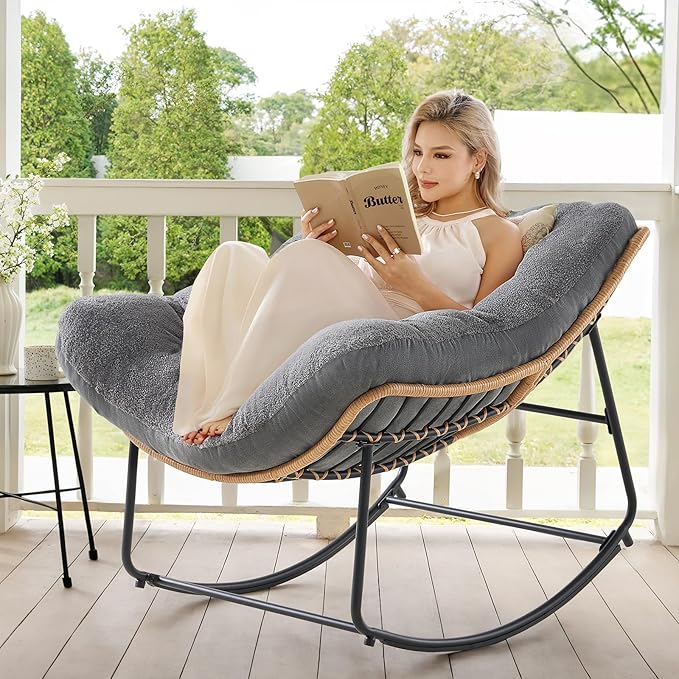 ONBRILL Outdoor Rocking Chairs, Oversized Papasan Rocking Chair Indoors with Padded Cushions, Rattan Wicker Lounge Chair for Living Room, Porch, Patio, Garden, Grey