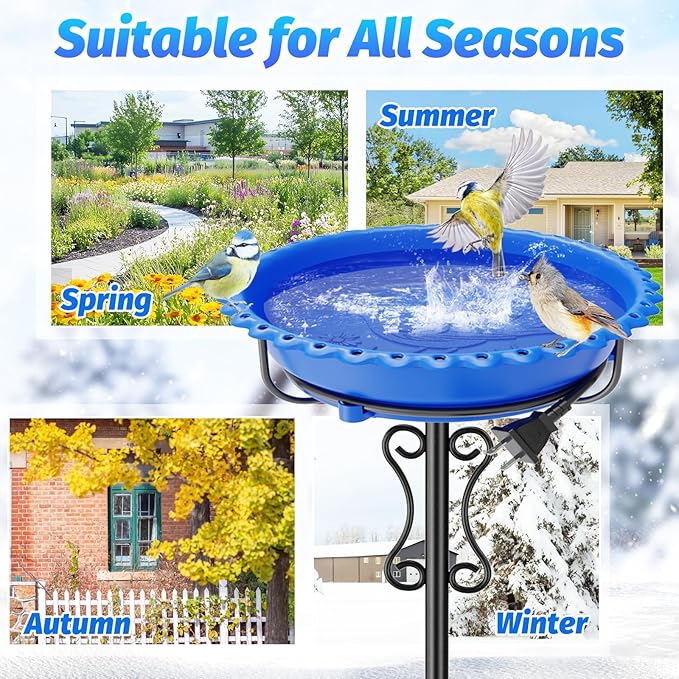 Heated Bird Bath for Outside Winter,100W Thermostat Control Birdbath Bowl with Metal 5-Prong Base,Freestanding Heated Bird Baths for Outdoors Garden Patio Yard Lawn (Blue)