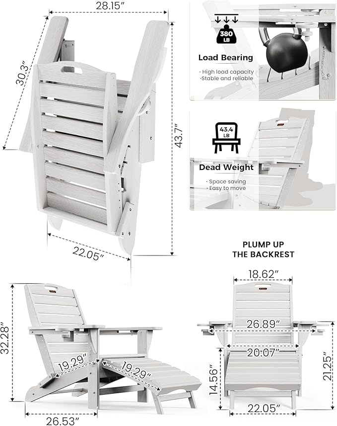 Ciokea Folding Adirondack Chair with Retractable Ottoman Fire Pit Patio Chair with Pull Out Foot Rest Weather Resistant Lawn Outdoor Lounge Chair with 2 Cup Holder (White)