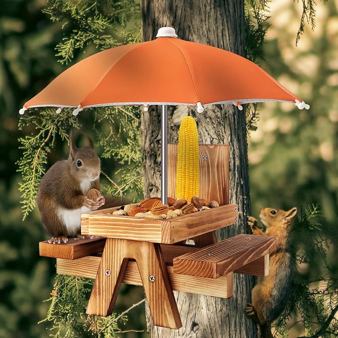 Gnodary Squirrel Feeder with Umbrella, Squirrel Feeders for Outside, Squirrel Picnic Table Feeder - Chipmunk Feeder Hold Corn, Corn Cob, Peanuts (Orange)