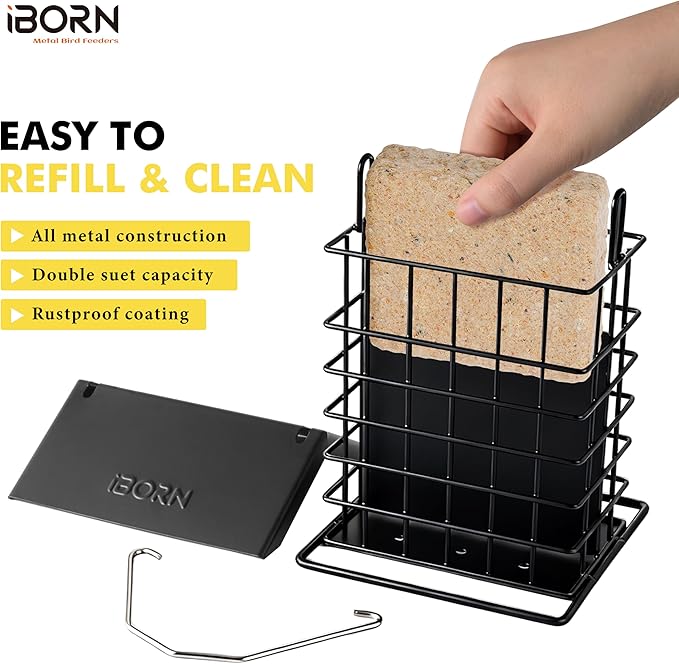 iBorn Suet Feeder for Outside Hanging,Suet Bird Feeders for Outdoors,Suet Holder With Squirrel Proof Hanger Hook,Suet Cage Bird Feeders,Woodpecker Feeder,Weatherproof Metal Roof,All Metal,1 Pack,Black