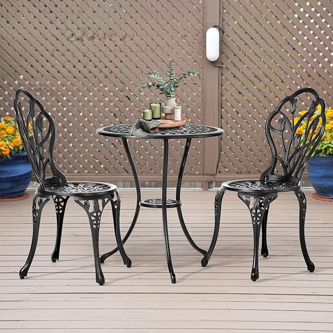 VINGLI 3 PCS Outdoor Bistro Set, Outdoor Patio Set, All-Weather Cast Aluminum Bistro Table Set, Bistro Table and Chairs Set of 2 for Backyard, Garden, Balcony (Black, Tulip)