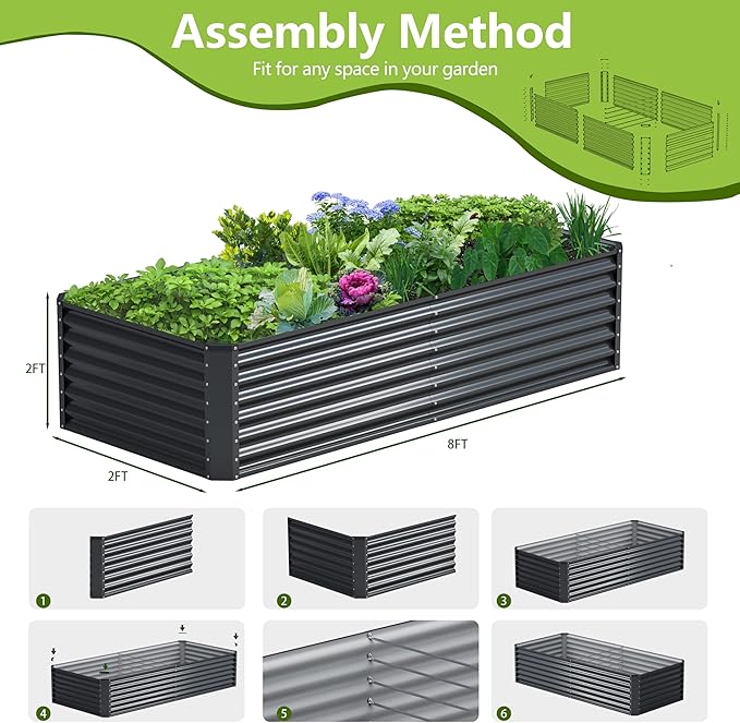 8x2x2FT Galvanized Raised Garden Bed Kit, Galvanized Planter Raised Garden Boxes Outdoor, Large Metal Raised Garden Beds for Vegetables-Grey