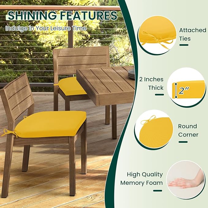 HARBOREST Outdoor Chair Cushions Set of 6, Water Resistant Patio Chair Cushions with Ties, Outdoor Seat Cushions for Patio Furniture, 17"x16"x2", Yellow