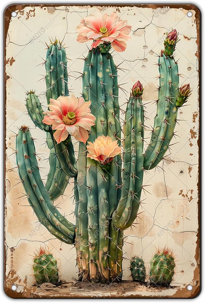 Vintage Tin Sign Cactus Wall Art Cacti Art Wall Sign Decor for Home Kitchen Garage Outdoor Yard Farmhouse 12x8 Inch
