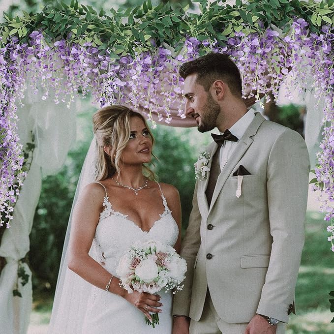 JUSTOYOU 3PCS 7FT Artificial Wisteria Vine Garland Fake Flower Wisteria Garlands for Outdoor Indoor Wedding Wall Badroom Decoration(Purple)
