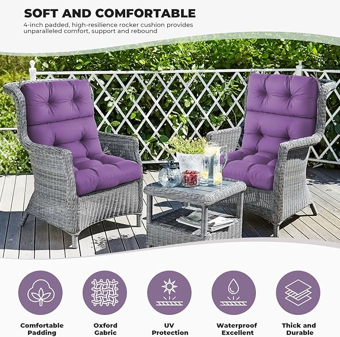 Outdoor/Indoor High Back Chair Cushion, Waterproof Outdoor Rocking Chair Cushion with Ties, Tufted Replacement Seat Cushions for Outdoor Furniture, Purple