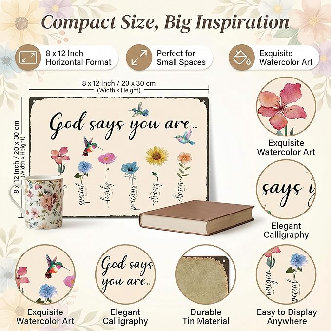 Funnysign Christian Gifts Gardening Gifts Garden Bible Verse Decor Bird Flowers God Says You Are Amazing Vintage Tin Sign for Home Garden Patio Yard Decor 8 X 12 Inch (3850)