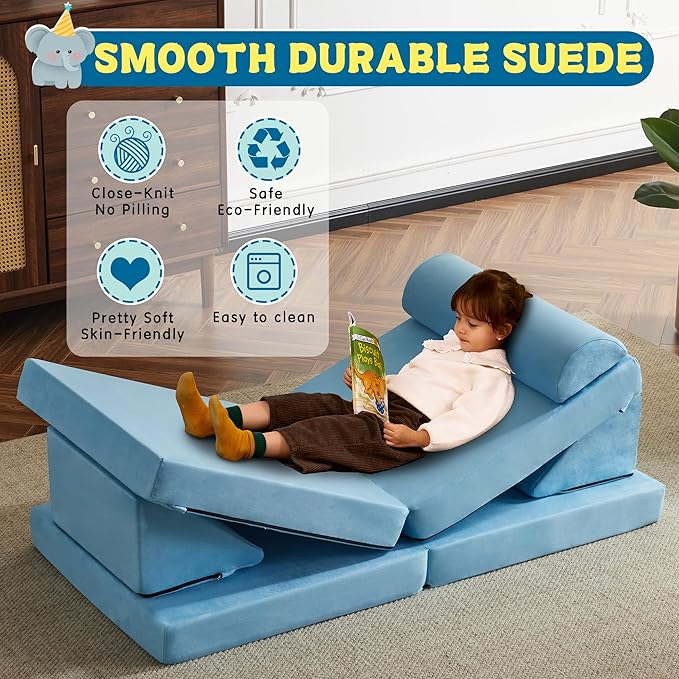 jela Kids Couch Safety Certified Play Couch Soft Kids Sofa with Machine Washable Cover Thick Foam Fort Building Set for Playroom Indoor (57"x28"x18", Baby Blue)