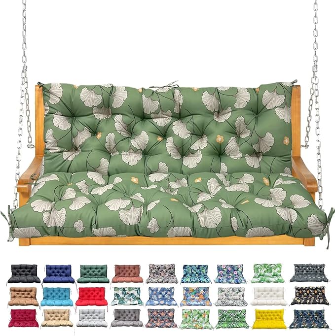 Porch Swing Cushion with Backrest,Waterproof Bench Cushion for Outdoor Furniture,2-3 Seater Replacement Thickened Swing Cushion with Ties,Patio,Outdoor,Backyard and Garden (Ginkgo Breeze,60x40")