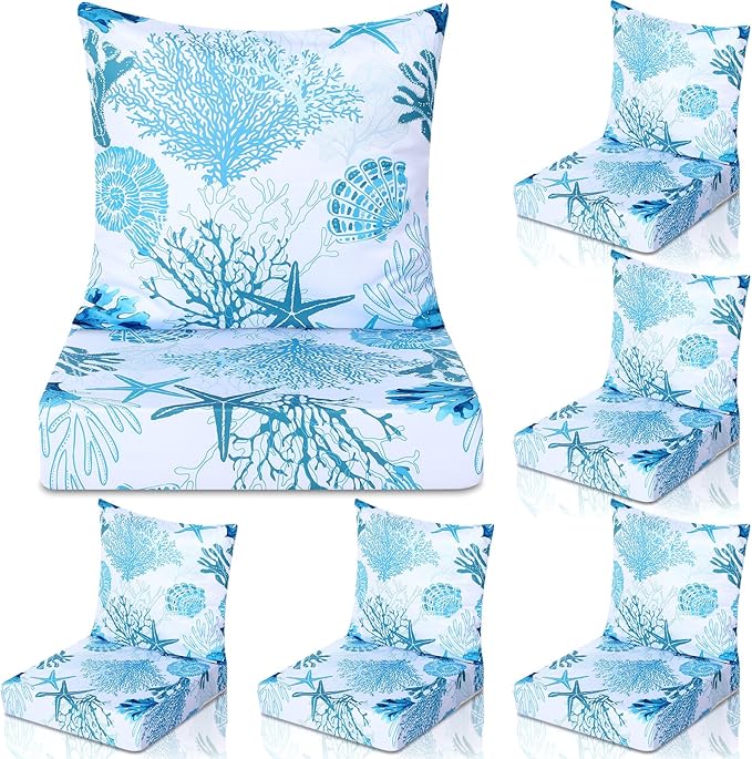 Hoteam 6 Set Outdoor Chair Patio Cushions Deep Seat Waterproof Chair Cushions 20 x 20 Inch for Patio Furniture Set Replacement Removable Seat and Back (20 x 20 Inch,Ocean)