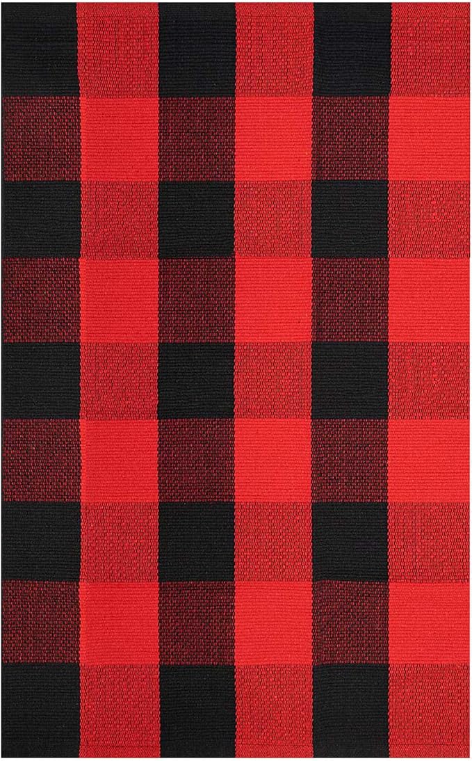 IOHOUZE Christmas Buffalo Plaid Rug 2x3 Ft Outdoor Indoor Doormat Red Black Checker Washable Area Rug Woven Cotton Checkered Front Porch Mat Christmas Decor for Front Door Entryway Home Entrance
