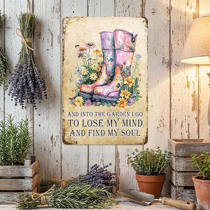 Garden Metal Tin Sign 8x12 Inch, Vintage Floral Rain Boots Wall Decor with Inspirational Quote Into the Garden I Go, Rustic Farmhouse Gardening Sign, Shed Patio Porch Outdoor Bar Cafe Wall Decoration