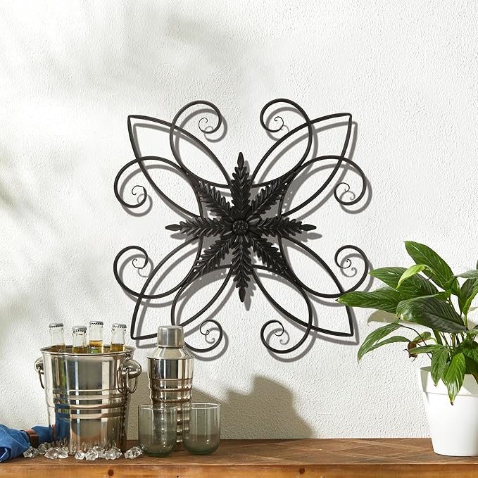 Glitzhome Black Metal Wall Art Decor, 20 Inch Iron Wall Decor with Clematis Scroll Pattern, Indoor Outdoor Wall Accent for Garden Porch Patio