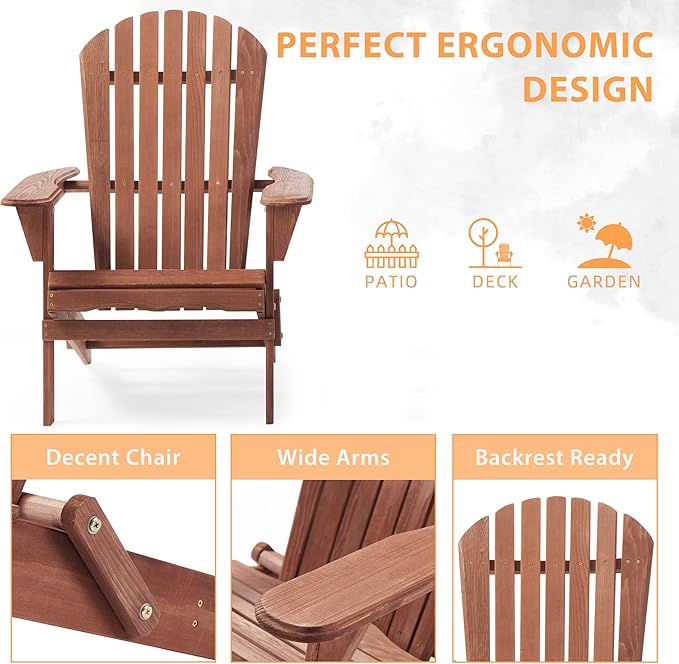 Wooden Folding Adirondack Chair Set of 6, Pre-Assembled BackRest Wood Lounge Chair for Outdoor Patio Garden Lawn Backyard Deck Pool Beach Firepit