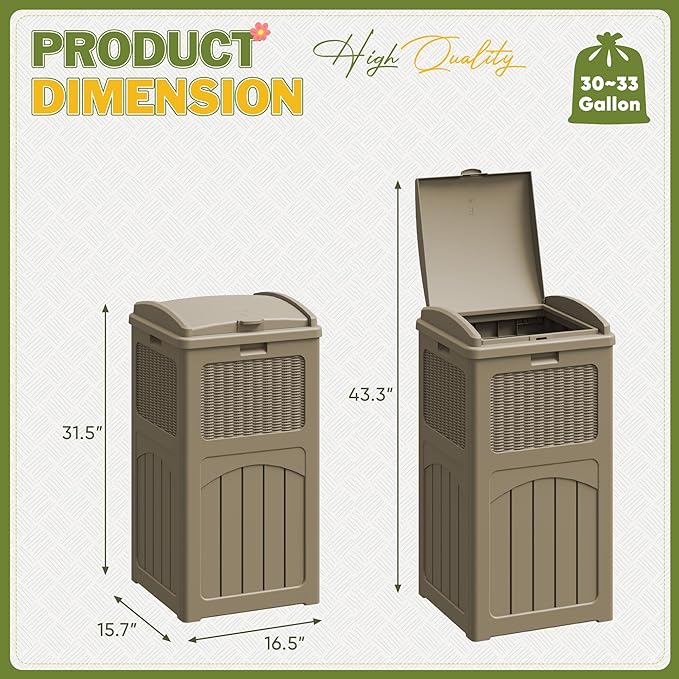 Greesum 33 Gallon Outdoor Trash Can with Lid, Waterproof Resin Garbage Bin for Hideaway, Patio, Deck, 2 Pack, Light Brown