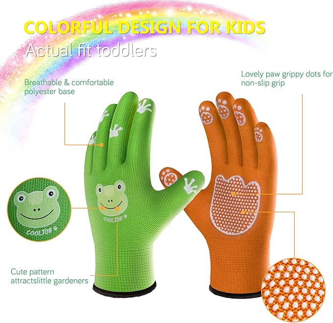 COOLJOB Breathable Toddler Work Gloves for Gardening Boy Girl Ages 6-9 Large, Nylon Kids Garden Gloves with Grip, Children Yard Gloves for Digging Weeding Landscaping, Green & Orange, 2 Pairs