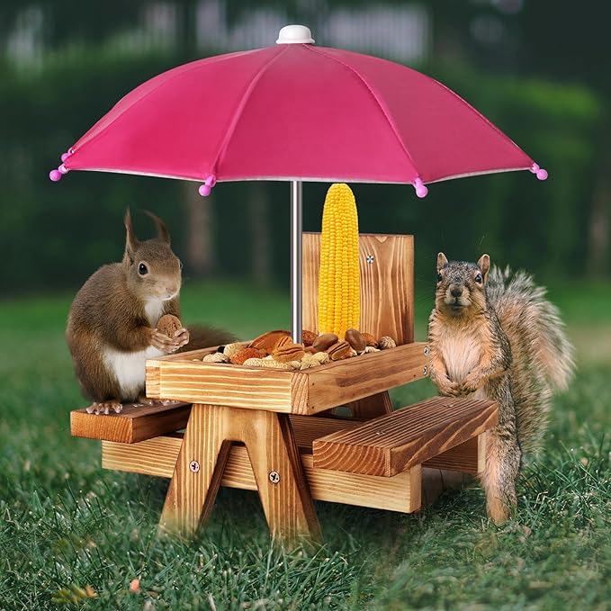 Gnodary Squirrel Feeder with Umbrella, Squirrel Feeders for Outside, Squirrel Picnic Table Feeder - Chipmunk Feeder Hold Corn, Corn Cob, Peanuts (Dark-Pink)