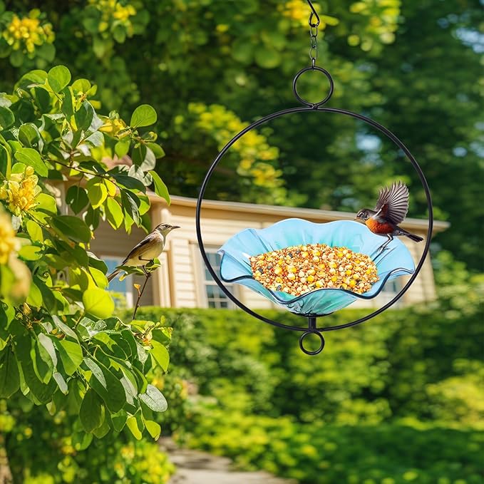 MUMTOP Hanging Bird Bath-Bird Baths for Outdoors - Flower Glass Bird Water Bowl with Hanging Circle, Bird Feeders for Outside, Garden, Lawn Yard Decor（Cyan）