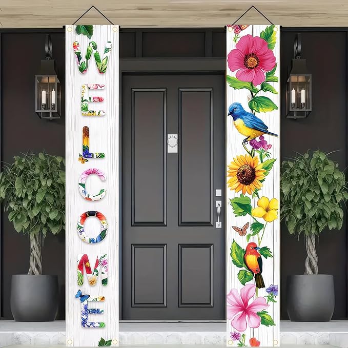 2 Pcs Welcome Floral Porch Banners Spring Bird Flower Hanging Flag Porch Sign for Front Door Outdoor Seasonal Holiday Wedding Yard Decor Farmhouse Indoor Outdoor Wall Backdrop Decorations