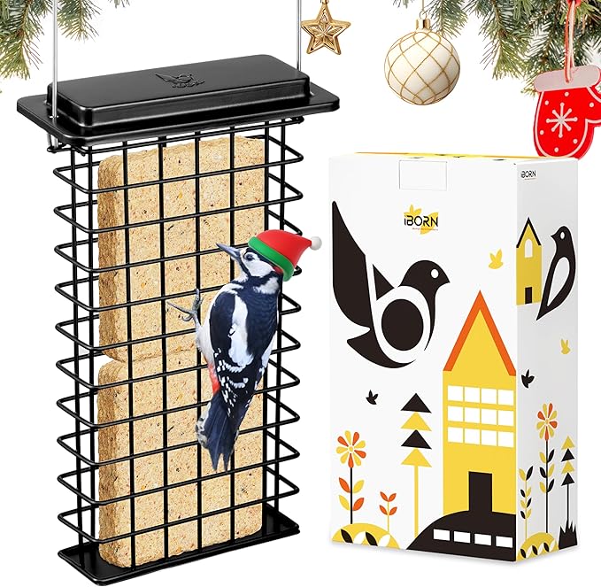 iBorn Metal Double Suet Feeder,Durable Suet Cake Cage Bird Feeder for Outdoors Hanging，Metal Roof Bird Feeder with Taller Grid for Woodpeckers,Large Suet Holder,Easy Clean & Refill,1 Pack,Black