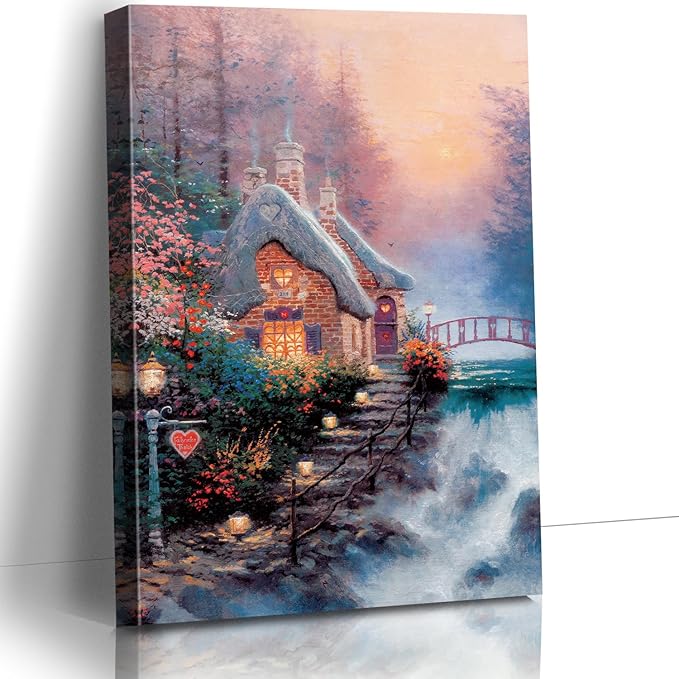 STUDIO HAVEN Thomas Kinkade Canvas Wall Art, Red Bridge Glowing Windows Lush Floral Gardens Oil Painting Fairytale Poster Enchanted Sunset Wall Decor, Framed Prints for Home Decor, 32x48Inch