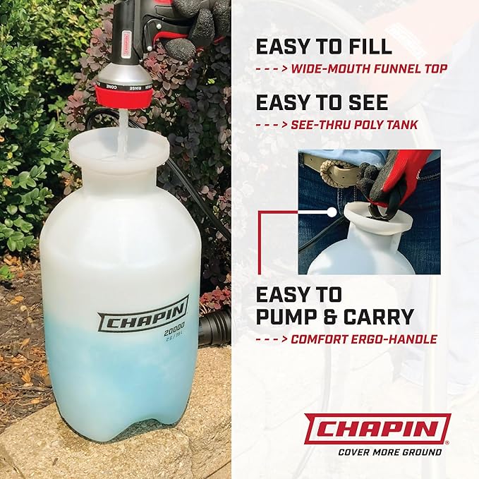 Chapin 20006 Pump Sprayer, 3‑Gallon, Lawn & Garden, Translucent Poly Tank, Funnel‑Top, SureSpray Anti‑Clog Filter, Adjustable Cone Nozzle & 34" Hose for Fertilizer, Weed & Pest Applications