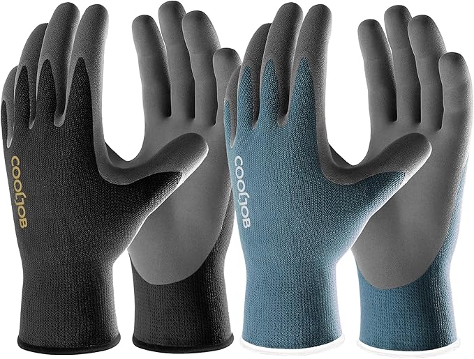 COOLJOB 2 Pairs Micro-Foam Nitrile Safety Work Garden Gloves with Touchscreen Fingers, Lightweight Working for Men’s Sweaty Hands, Non-slip Coated Grip Fits Most Tasks, Medium, Blue & Black