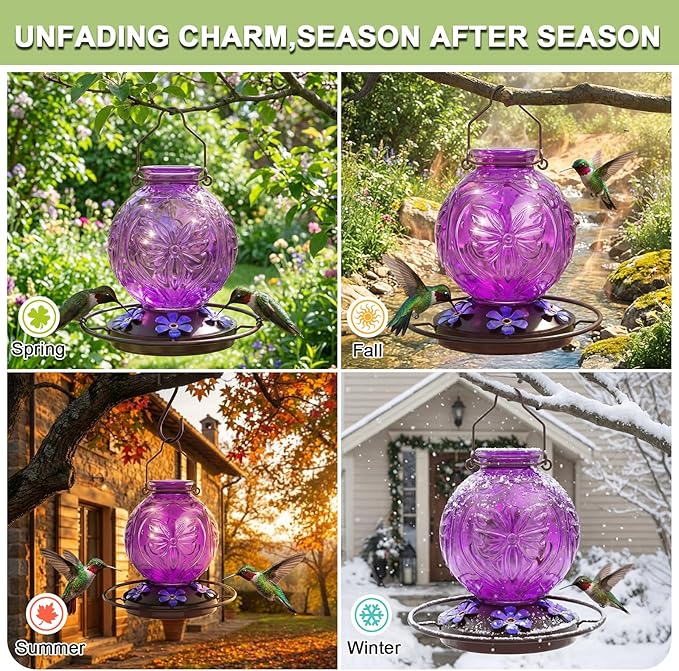 Glass Hummingbird Feeder for Outdoors Hanging, 25Oz Humming Bird Nectar Feeders with Perch & 5 Flower Feeding Ports, Leak Proof for Outside Garden Decor, Gifts for Women (Purple)