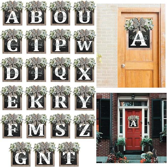 K Monogram Last Name Porch Decor - Welcome Sign & Seasonal Wreaths for Front Door
