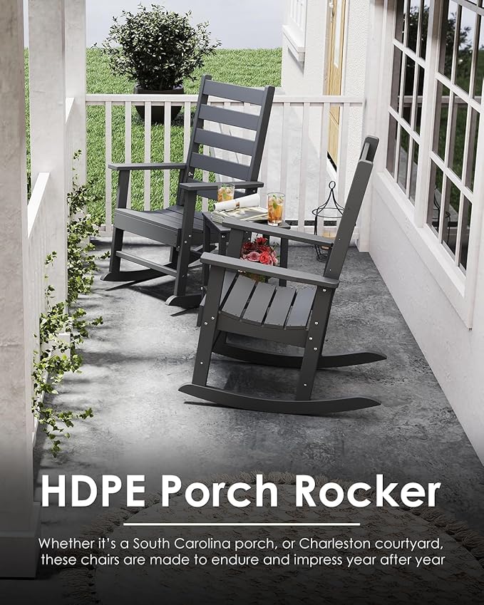 GREENVINES Outdoor-Rocking-Chair | HDPE Plastic | Patio Rockers | Porch Rocker Chairs | Shaker | Oversized | High Ladder Back | Big & Tall | PentaLuxe | Grey
