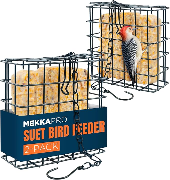 MEKKAPRO Suet Wild Bird Feeder with Hanging Metal Chain, Double Delight Suet Feeder with Metal Chain, Dual Capacity, Weather-Resistant Hanging Bird Feeders (Dual Pack)