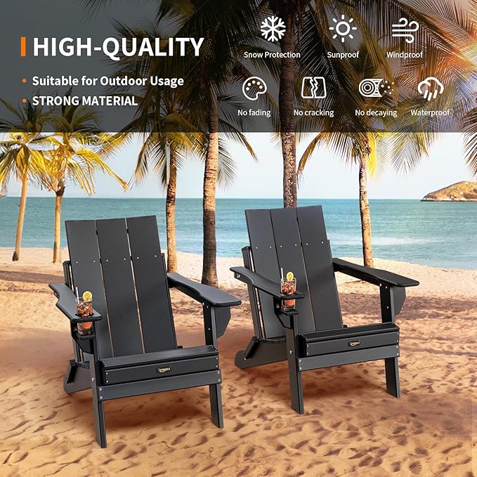 VINGLI Oversized Plastic Folding Adirondack Chairs with Cup Holder, Waterproof HDPE Outdoor Fire Pit Chairs for Patio, Pool, Bonfire, Capacity 400LBS, Black