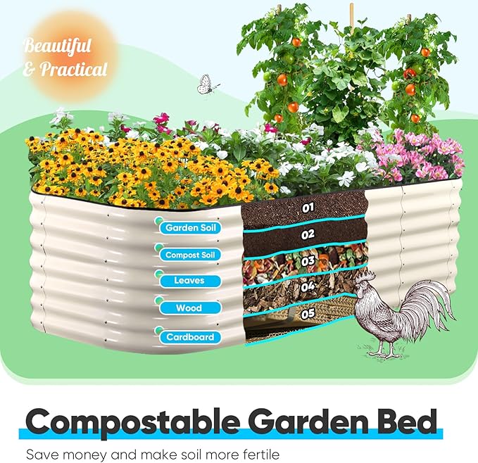 Quictent Galvanized Raised Garden Bed Kit, 6x3x2 ft Oval Metal Planter Box Tall for Vegetables Outdoor Backyard, Rubber Strip Edging Included, Beige