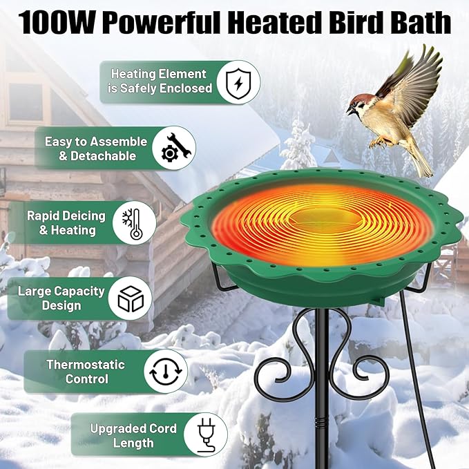 Heated Bird Baths for Outdoors, 100W Heated Birdbath Bowl for Outdoors for Winter with 5-Prong Metal Base Thermostat Control, Heated Bird Bath for Outside Winter Garden Patio Yard Lawn (Green)