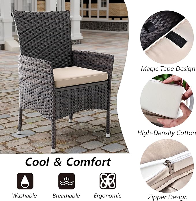 Kullavik 5-Piece Outdoor Dining Set Patio Rattan Furniture Set,Patio Dining Table and Chairs Set with 4 Chairs and Cushions,Square Glass Tabletop with Umbrella Hole for Patio,Sand