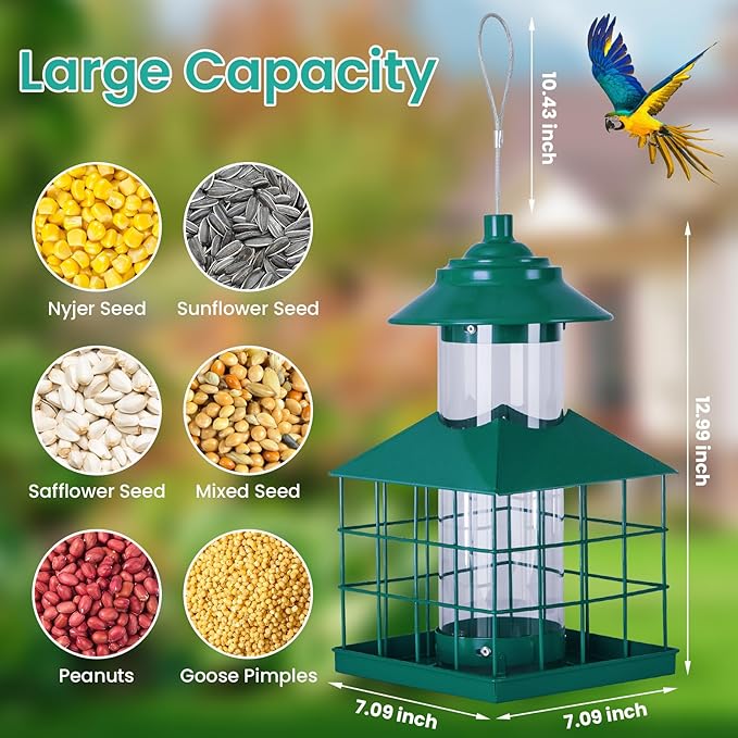 Hanging Bird Feeders for Outdoors, Maansfy Squirrel Proof Large Bird Cage Feeders Metal Wild Birdfeeder for Outside Weatherproof Finch Cardinal Bird Seed Feeder 3.4LB Capacity