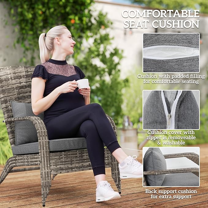 Outsunny Patio Wicker Adirondack Chair with Ottoman, Outdoor Fire Pit Chair with Cushions, High-Back, Large Seat & Armrests for Deck, Garden & Backyard, Gray