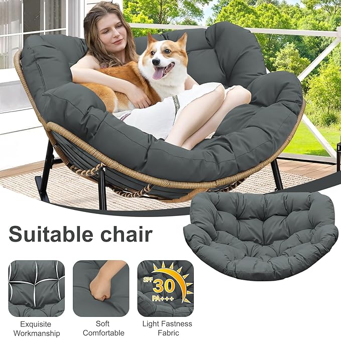 Outdoor Rocking Chair Cushion – Waterproof Wicker Egg Chair Replacement Pad, Thick Papasan Seat Cushion with Ties for Indoor & Outdoor Patio, Porch, Balcony, or Garden (Dark Gray)