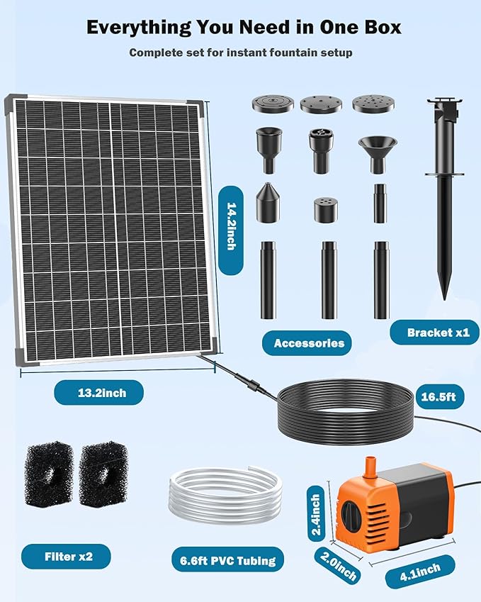 Antfraer 25W Solar Pond Pump, Solar Fountain Pump with 6.6FT Tubing & 16.5FT Cord for Garden Ponds, Fish Tanks Waterfalls & DIY Fountain Water Features